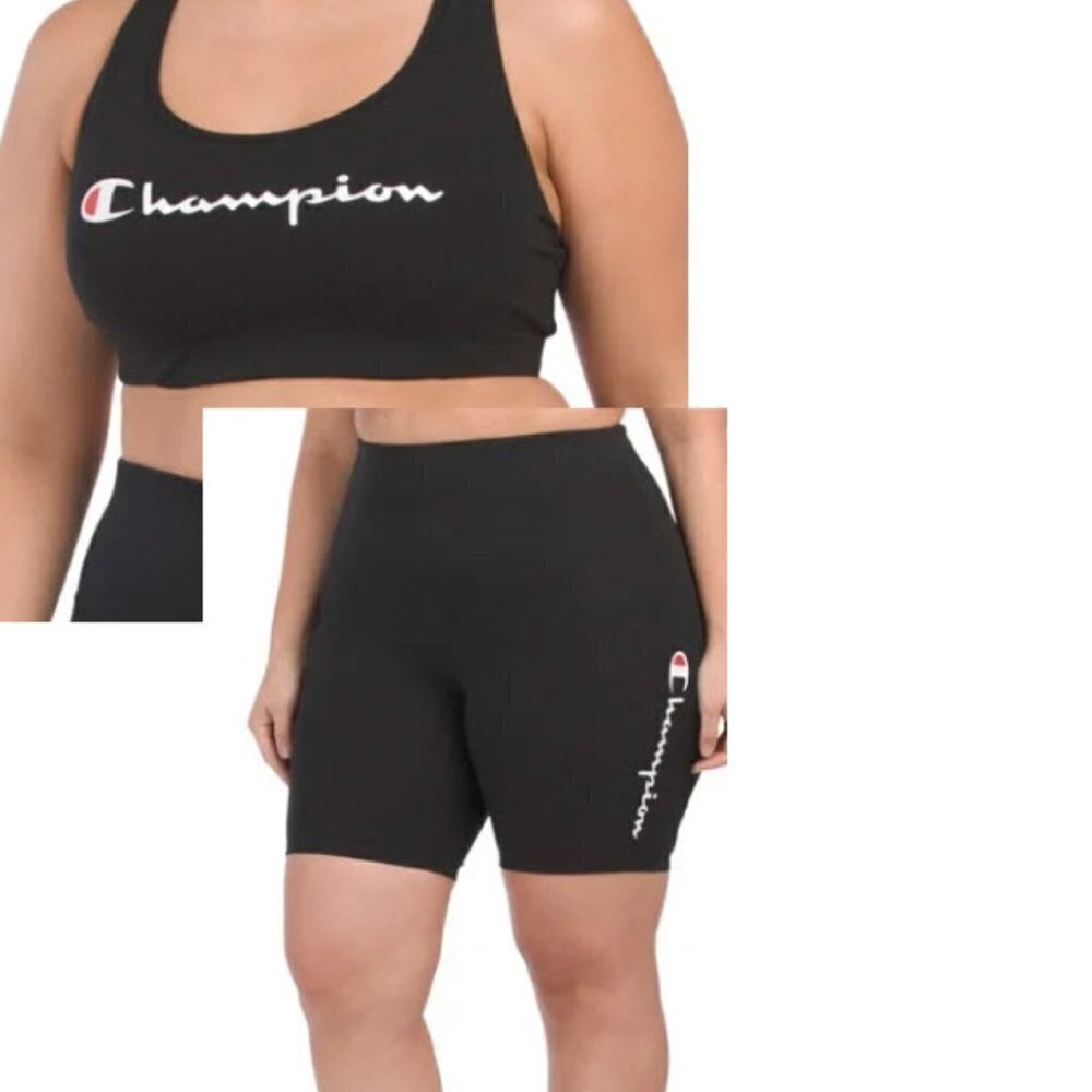 Champion Set New Plus Size 1X Black Graphic Sports Bra and‎ Biker Shorts